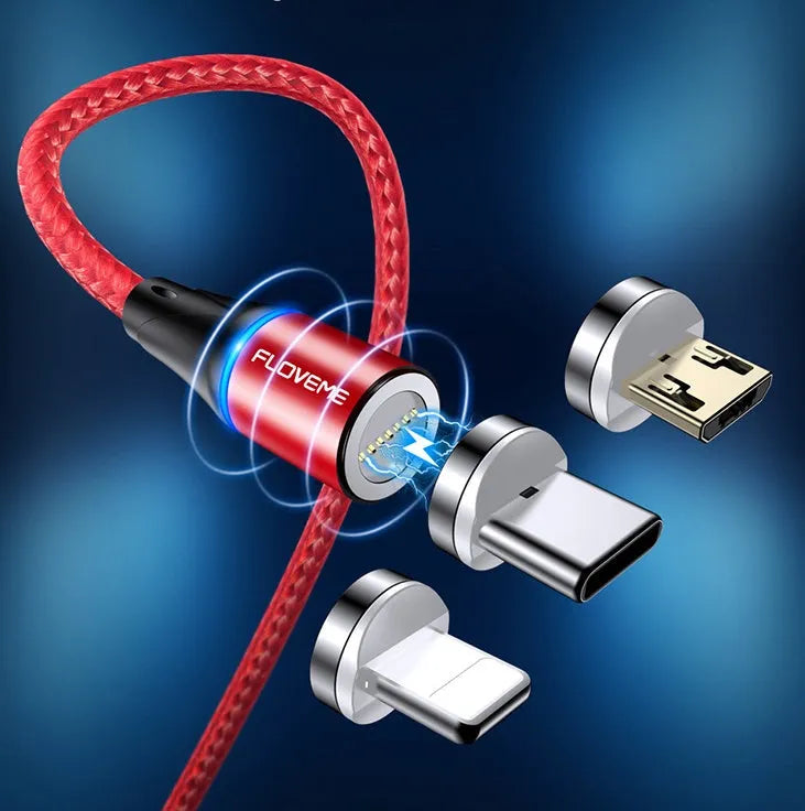 Magnetic smartphone charging cable with LED light indicator in black, available in 1m and 2m lengths