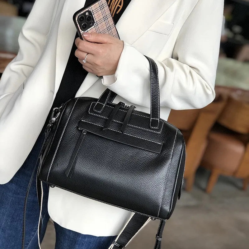 Genuine leather Boston lychee pattern messenger bag in horizontal square design with shoulder strap