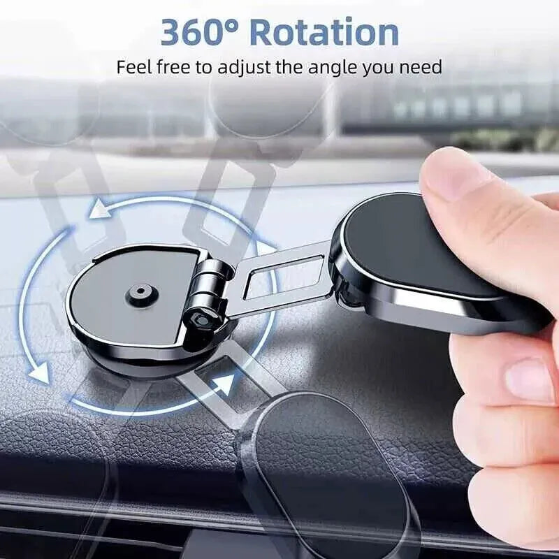 Chrome magnetic car phone holder with folding bracket and 360-degree swivel rotation
