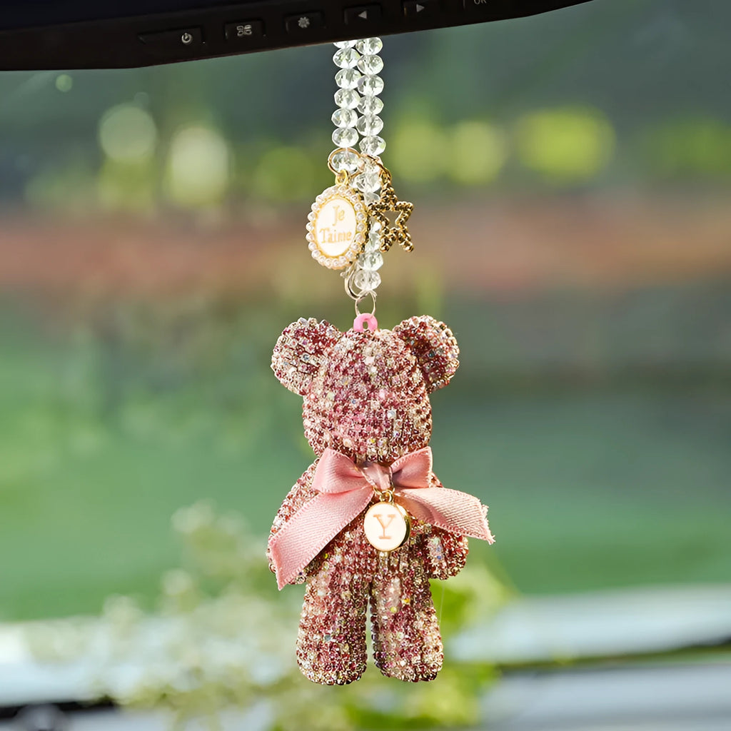 Rhinestone violent bear car rearview mirror pendant in black, white, and mixed pastel colours