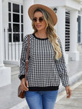 Black Japanese sweet plaid stripe pullover sweater with long sleeves and printing accents