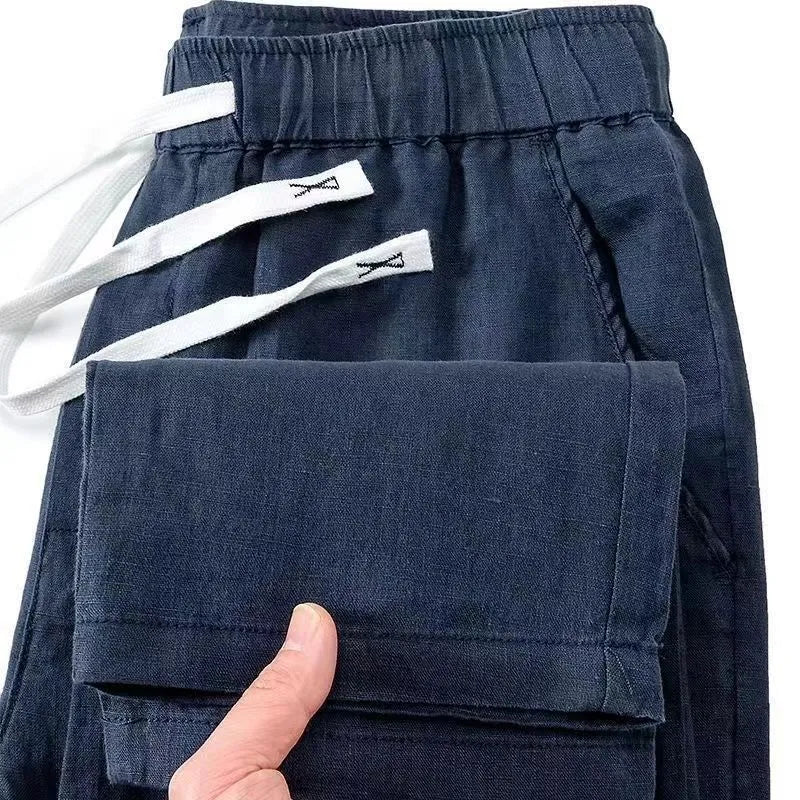 Pure linen straight leg trousers with a drawstring elastic waist in multiple colours