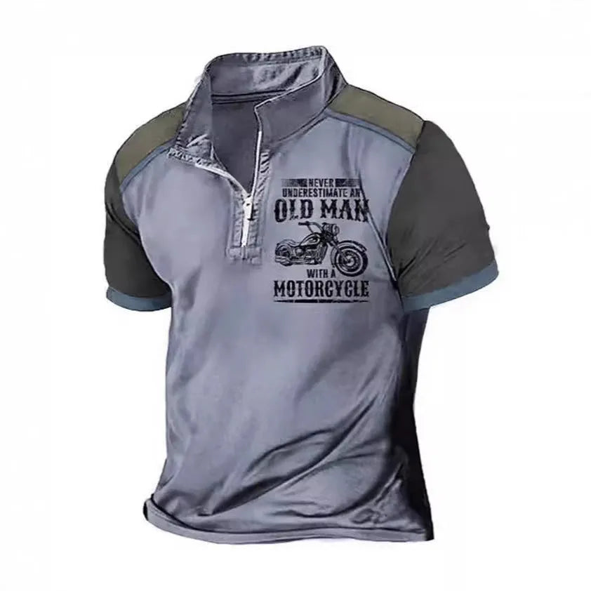 Men's casual polo shirt with lapel collar, digital letter printing, and zip decoration detail in short sleeve design