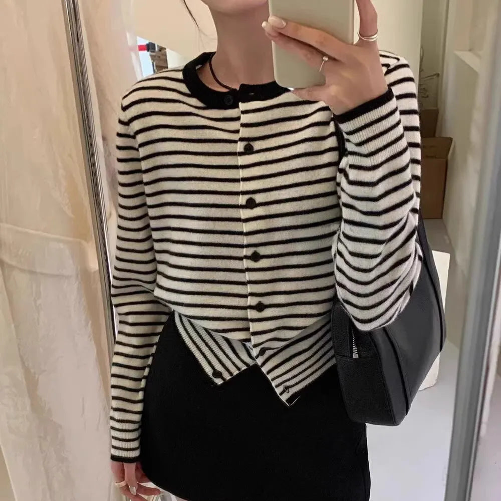 French style striped cardigan for women in dark grey with white stripes, slim fit with 40cm length