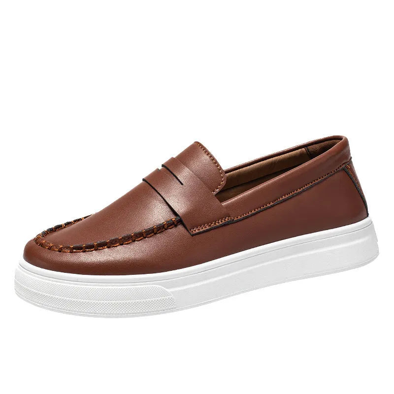 Men's round-toe casual slip-on shoes in artificial PU leather, shown in black & white, khaki, and white colour options.