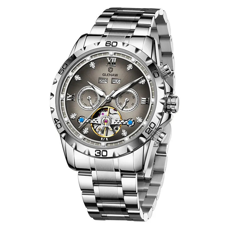Men's automatic mechanical watch with stainless steel strap on wrist, showing blue dial and silver case variant.