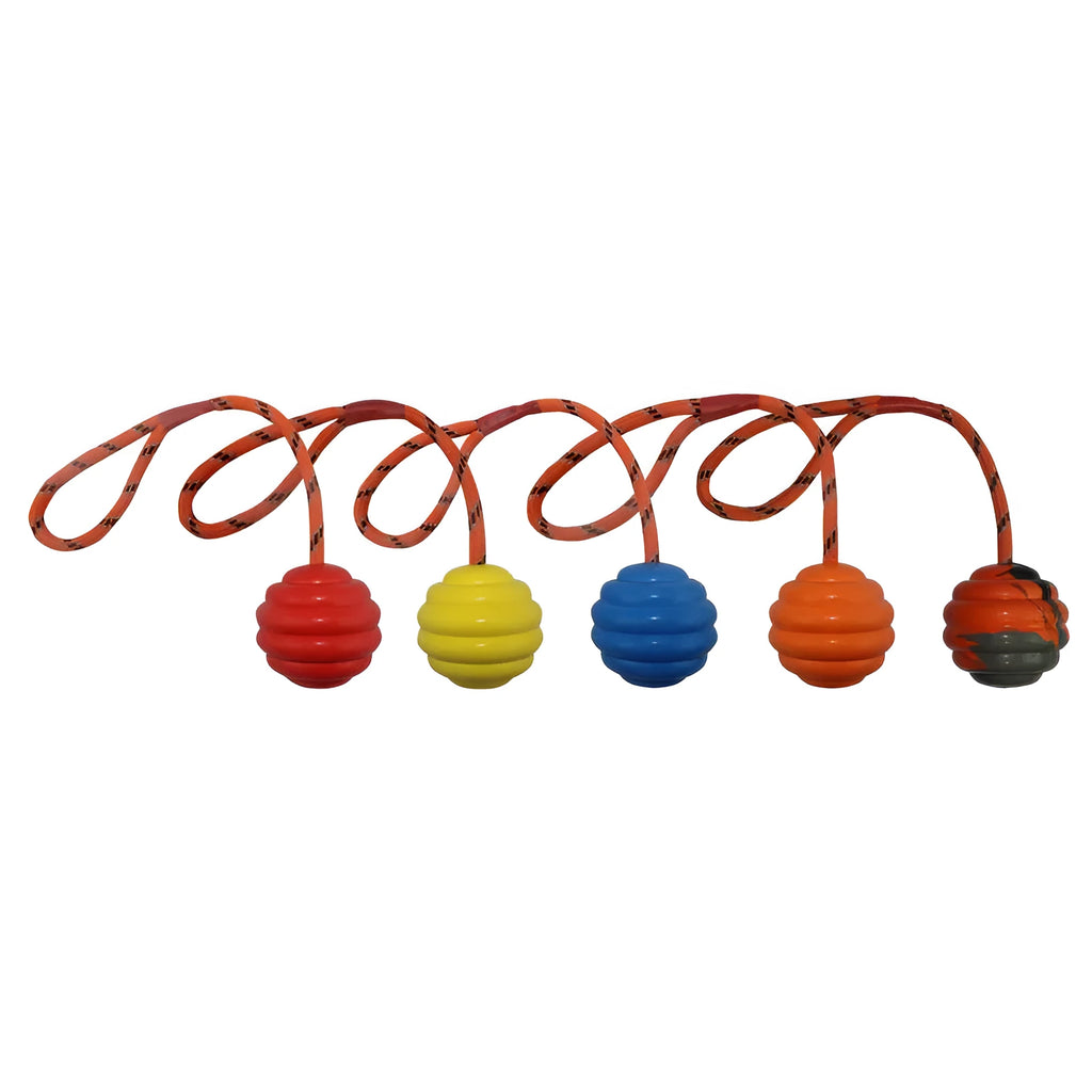 Multi-coloured rubber dog training ball with rope knots measuring 6x30cm