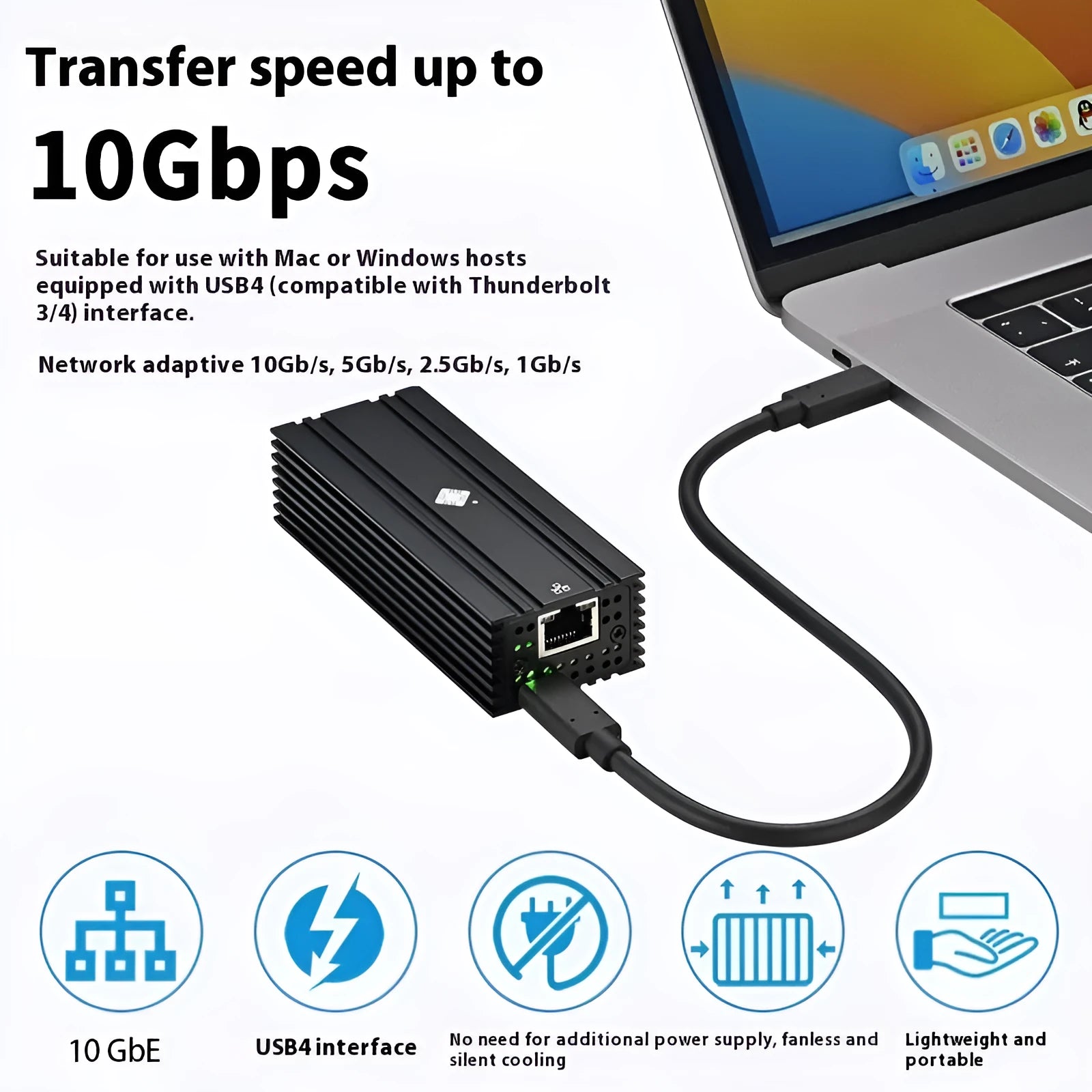 Black USB4 10G network adapter with RJ45 port and 20cm cable for Thunderbolt 3/4 devices