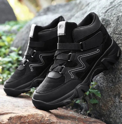 Men's shoes in multiple colours including black, brown, and grey with size range display