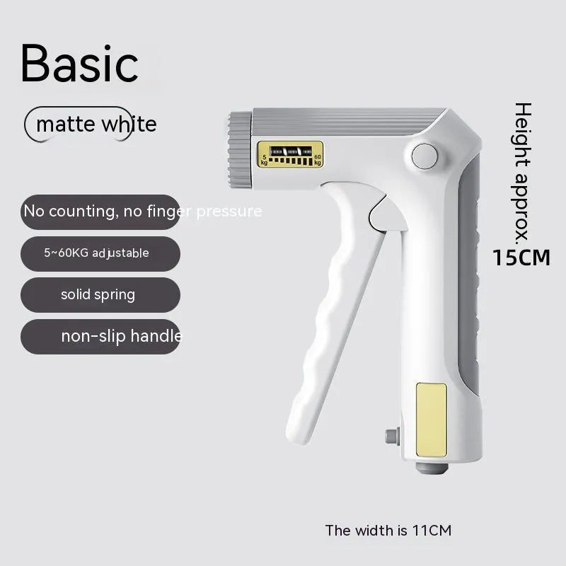 White spring grip hand exerciser with electronic counting model on dark background