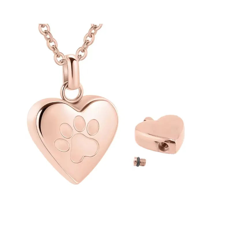 Polished titanium steel heart pendant necklace with love paw print, shown in silver colour.