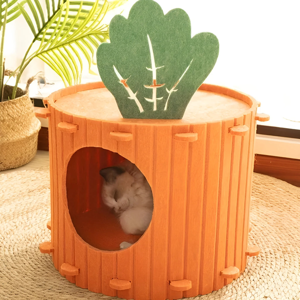 Carrot-shaped grey felt cat nest tunnel for cats, showing semi-enclosed design and drilled holes.
