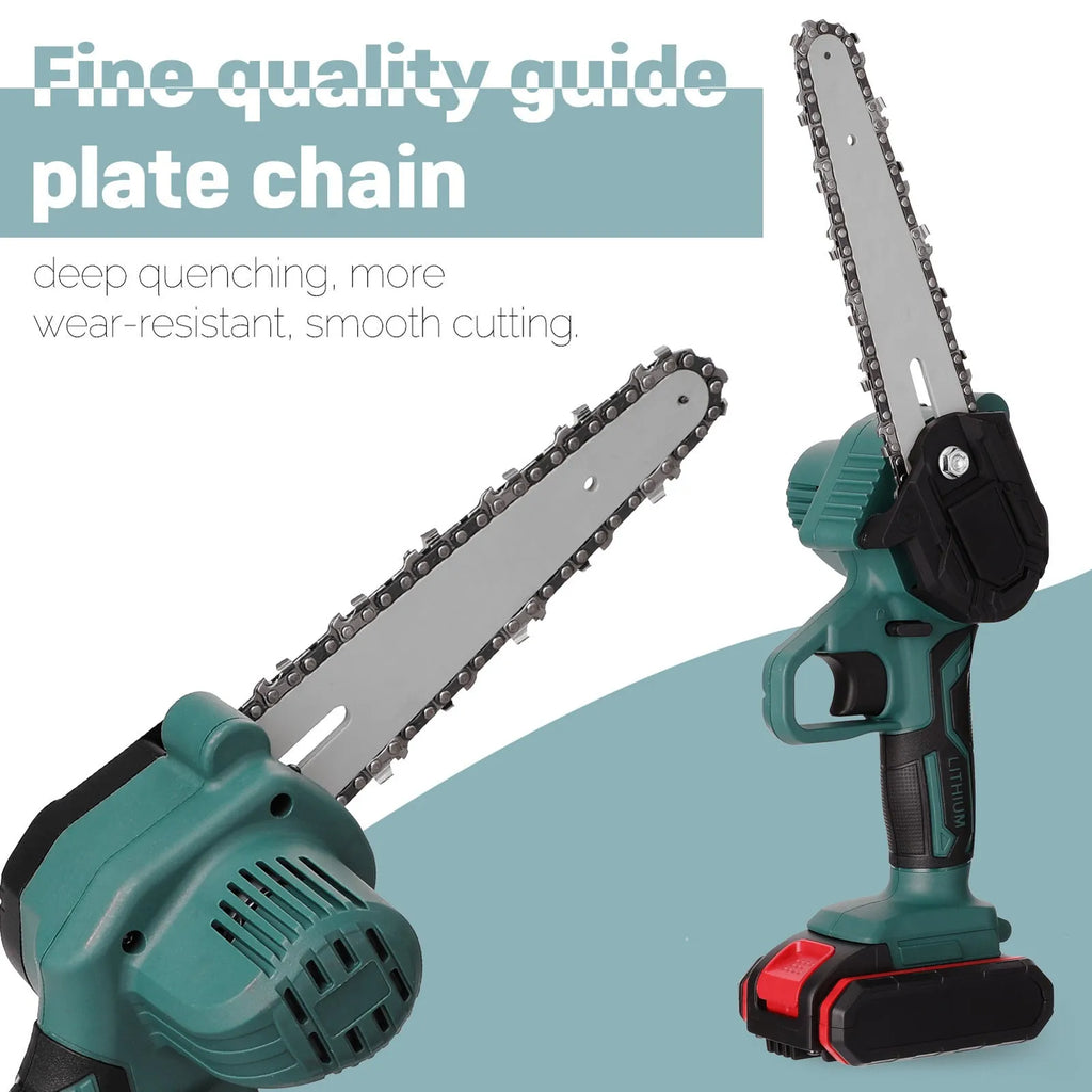 Black mini electric chainsaw with 4-inch chain, one-hand grip design for portable logging