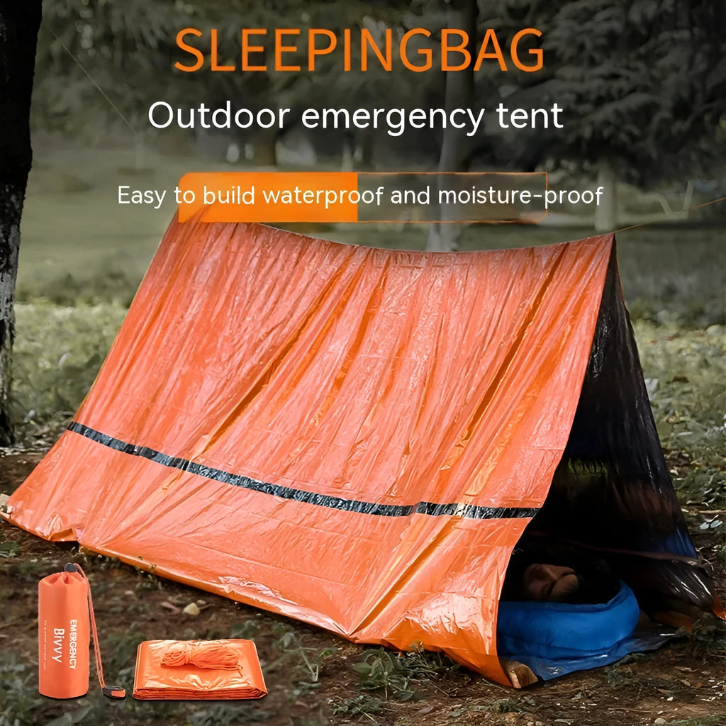 Orange portable disaster relief tent with sleeping bag emergency shelter kit