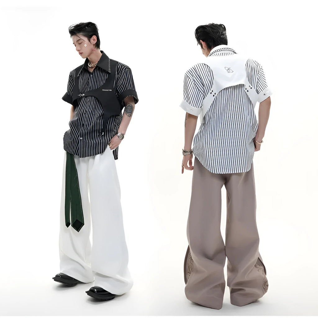 Men's black and white striped short sleeve shirt with double lapel collar design