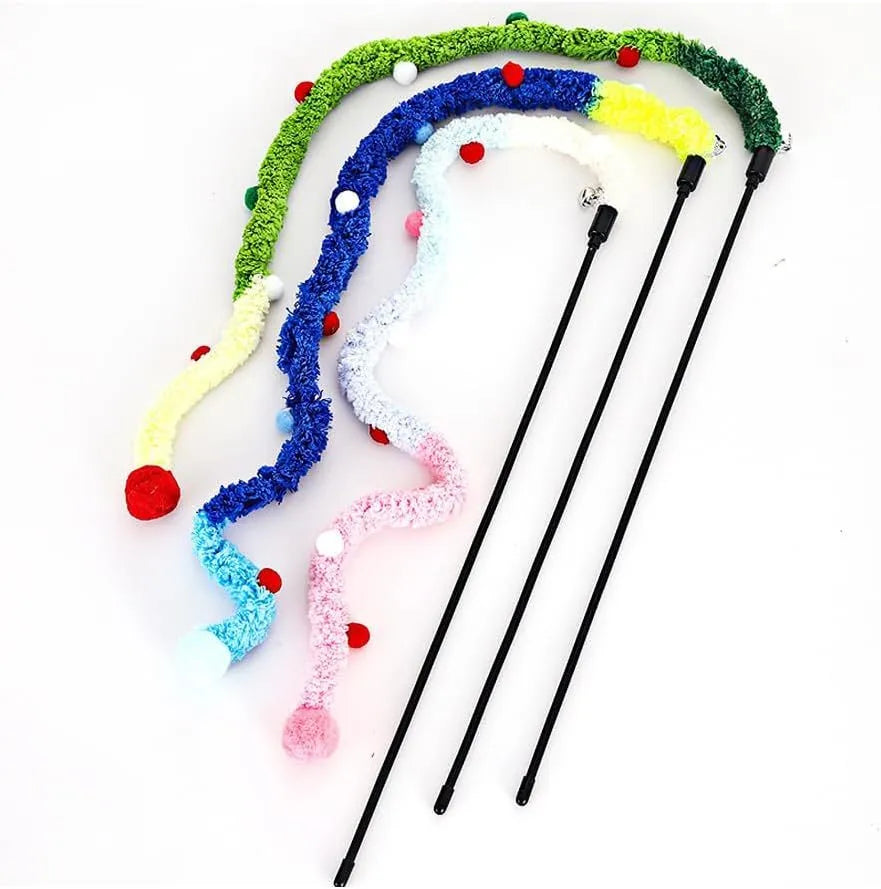 Blue cat wand toy with extended plush strip and colourful ball with bells for interactive feline play