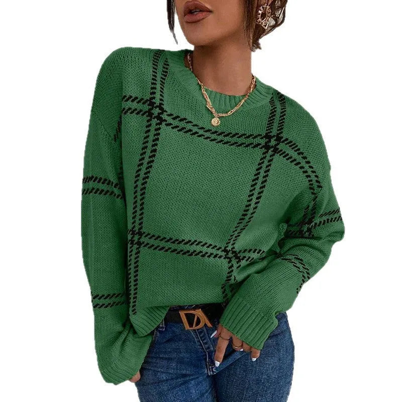 Women's casual plaid colour-block acrylic sweater with apricot, black, beige, red, and green stripes.