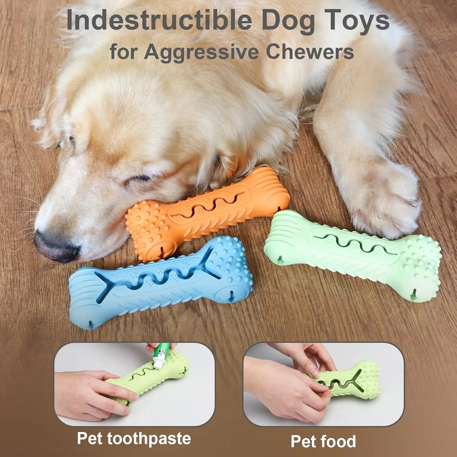 Blue bone-shaped natural rubber dog chew toy for aggressive chewers with teeth cleaning surface
