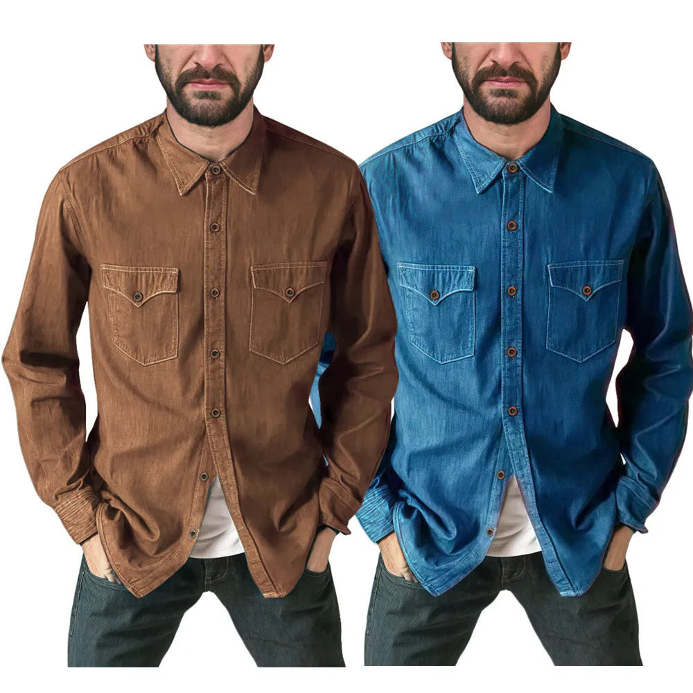 Cotton denim cardigan coat shown in khaki, available in multiple sizes from S to 3XL