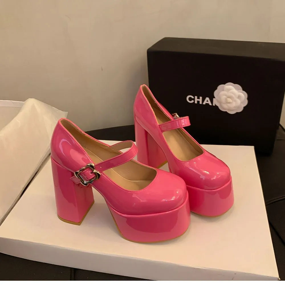 Pink waterproof platform thick heel Mary Jane shoes with PU upper and rubber sole, round head toe, sizes 33-39