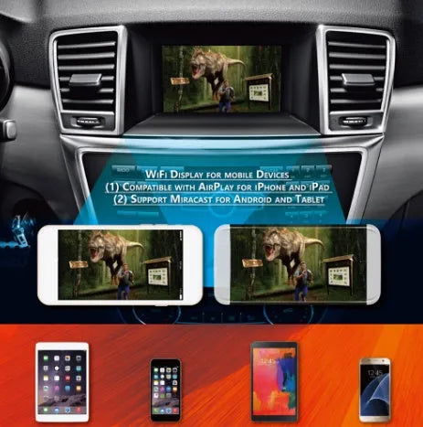 Black car Wi-Fi mirror converter box with cables for smartphone and tablet connectivity to vehicle entertainment systems