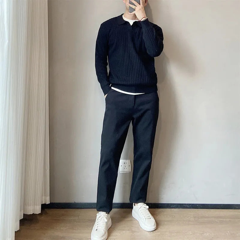 Male model wearing loose fit striped elastic knit sweater in modal and rabbit fur blend fabric