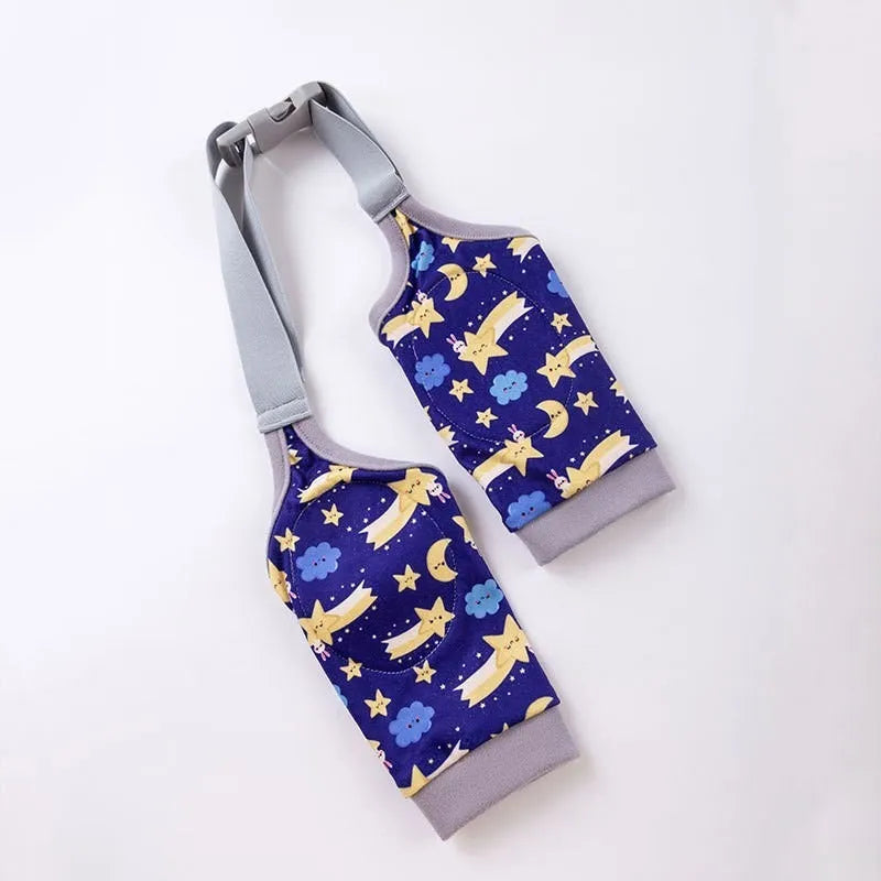 Blue dog knee protector pad with adjustable straps and matching scarf on medium dog