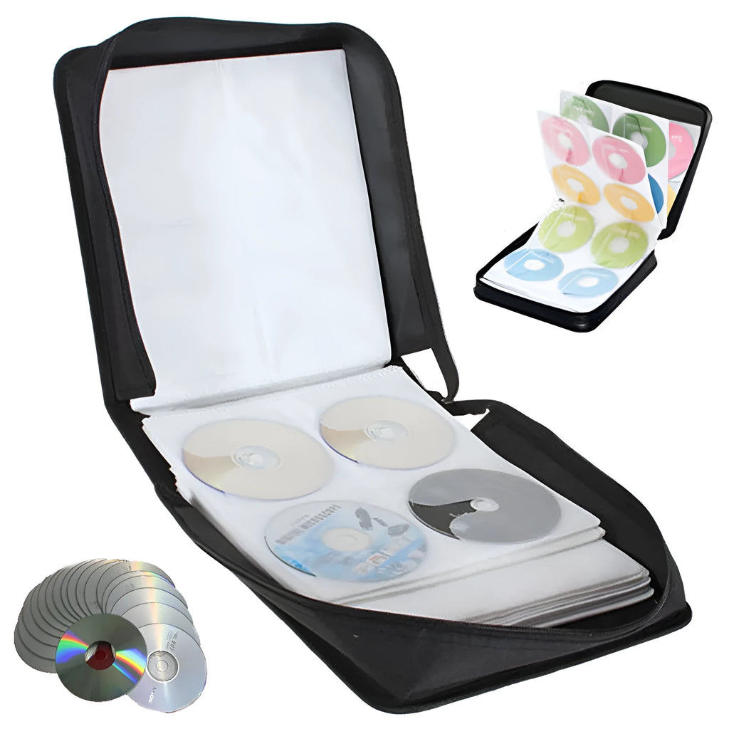 Black Oxford fabric CD DVD storage organiser bag with top carry strap and zipper closure