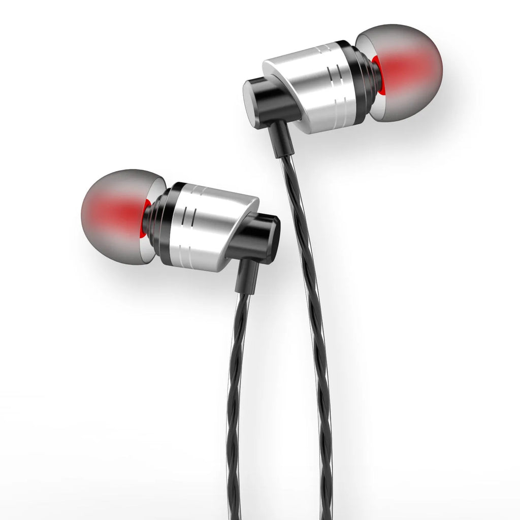 Black wired in-ear headset with 3.5mm plug, microphone on cable and silicone ear tips.