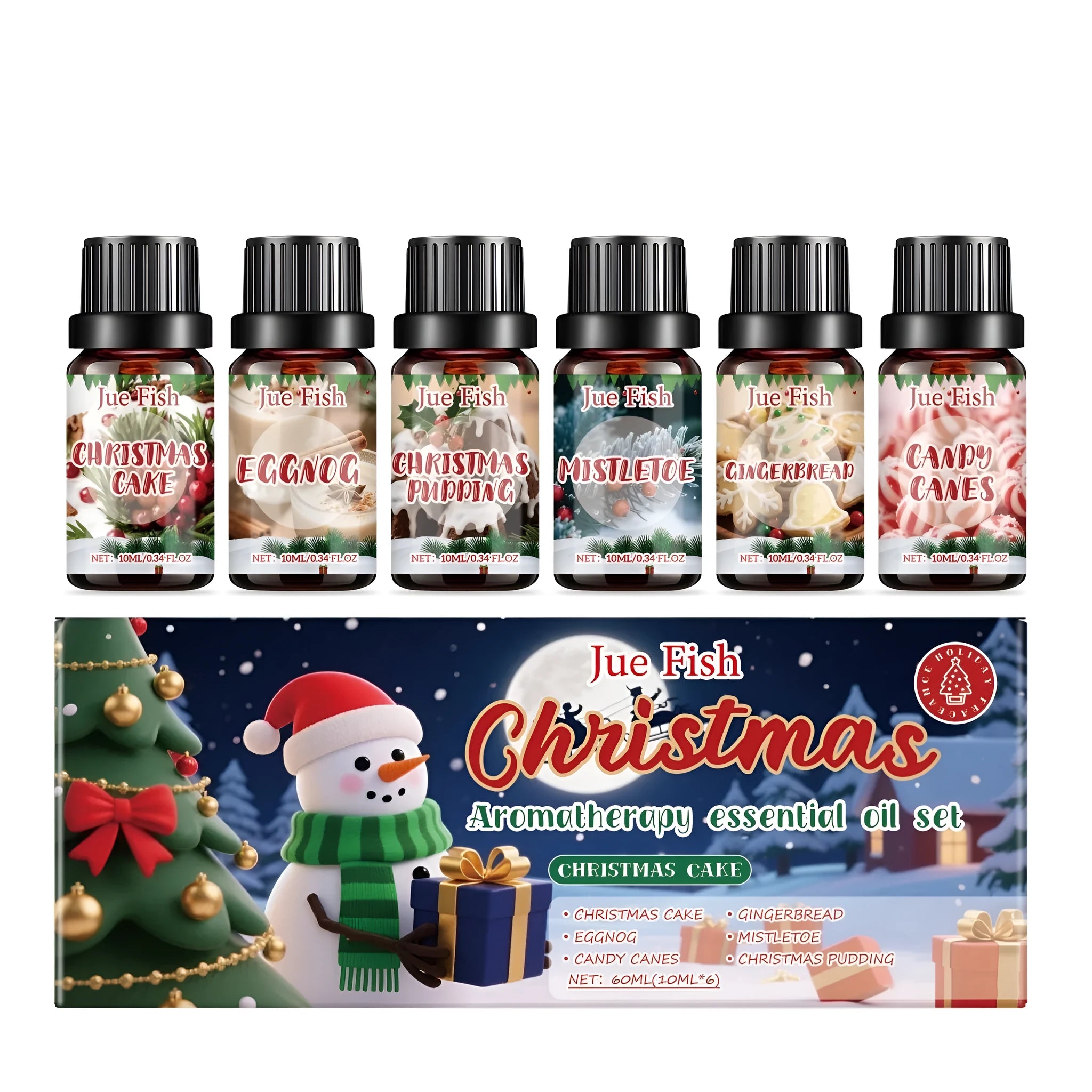 Christmas aromatherapy essential oil gift set with six 10ml bottles of festive scents.