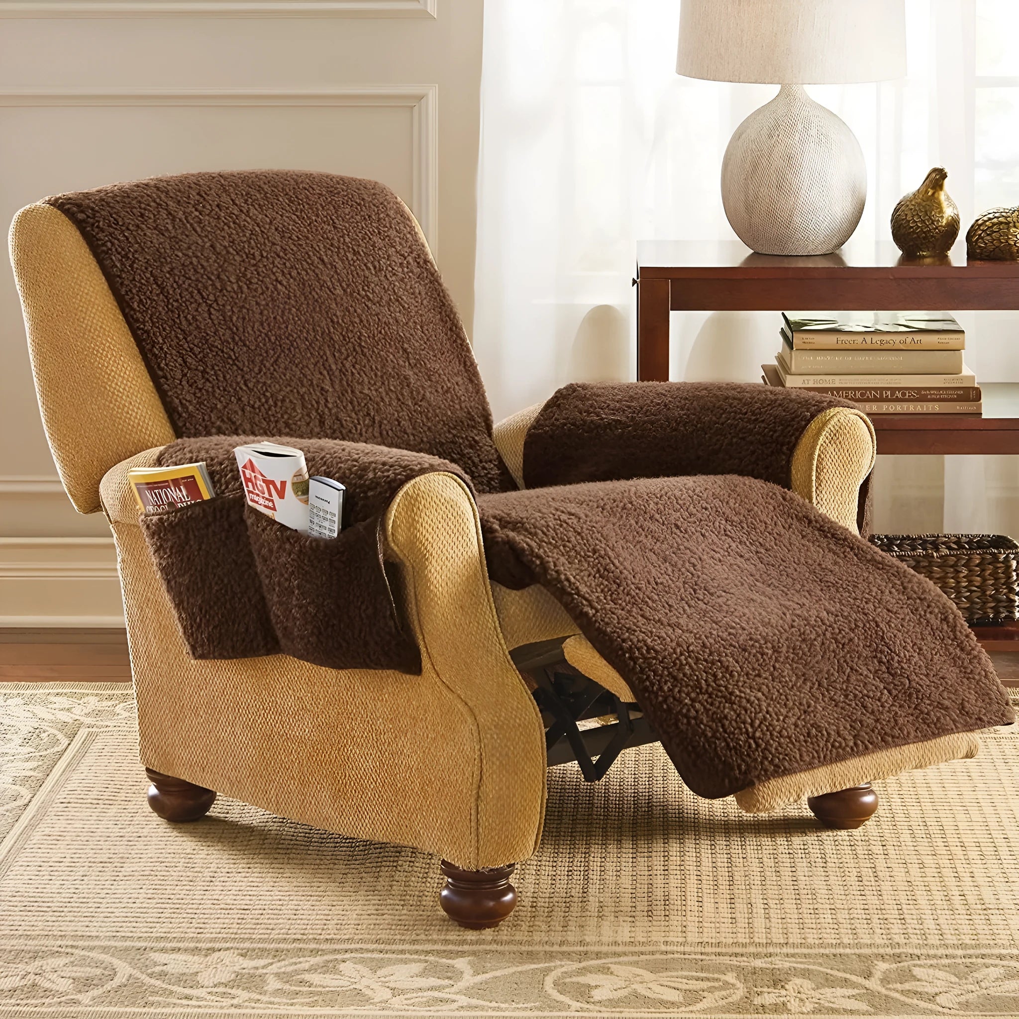 Polyester sofa cushion cover with elastic hem in lamb wool beige colour on cushion