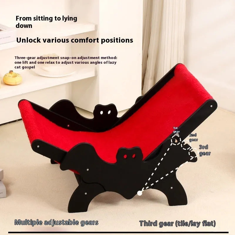 Wooden cat recliner lounge chair with black and red Halloween colour scheme