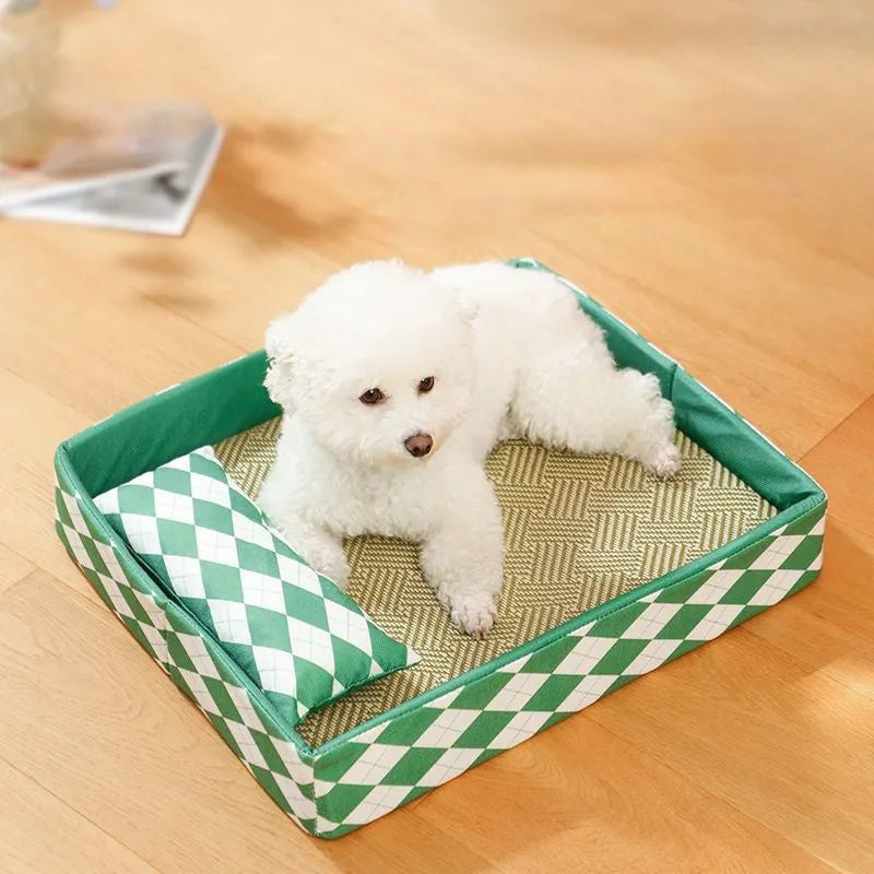 Blue woven rattan cat cooling mat with non-slip base placed on a wooden floor.