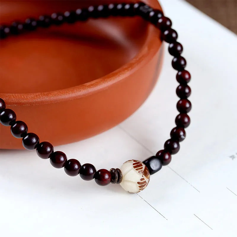 Natural rosewood double-ring bracelet with 10mm flower beads and retro knitting construction