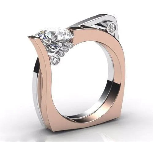 Rose gold electroplated alloy geometry ring with zircon inlay, women's fashion jewellery
