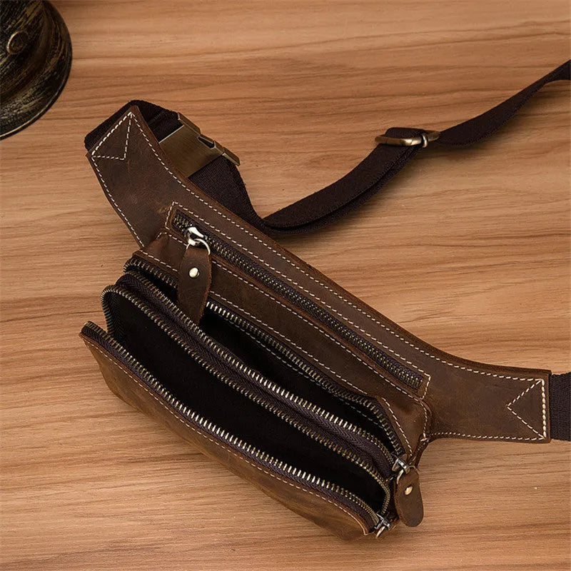 Brown cowhide sports waist bag with phone compartment and laptop space