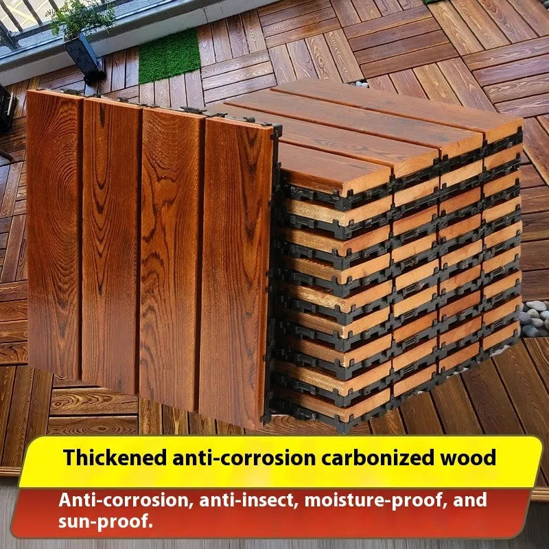 Set of four square camphor pine wood flooring tiles with a modern grain, measuring 30x30cm.