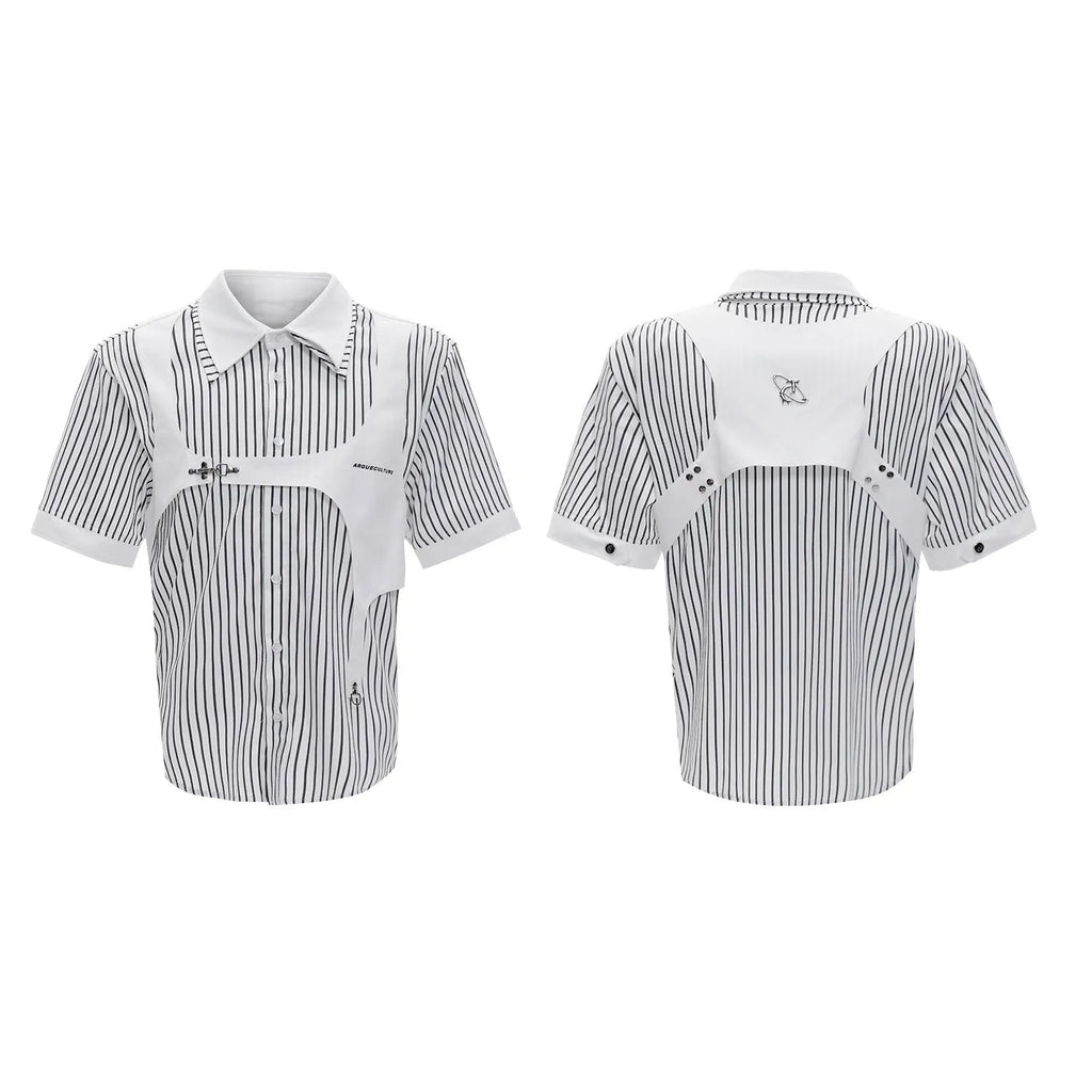 Men's black and white striped short sleeve shirt with double lapel collar design