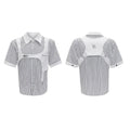 Men's black and white striped short sleeve shirt with double lapel collar design