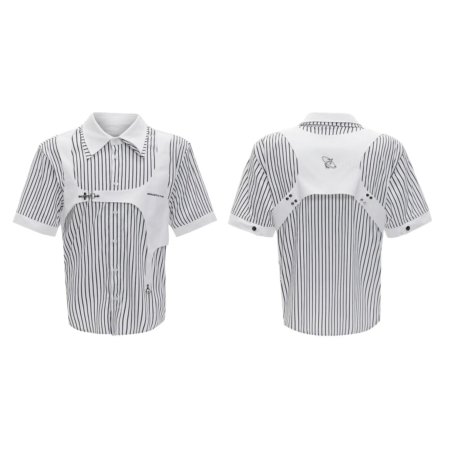 Men's black and white striped short sleeve shirt with double lapel collar design