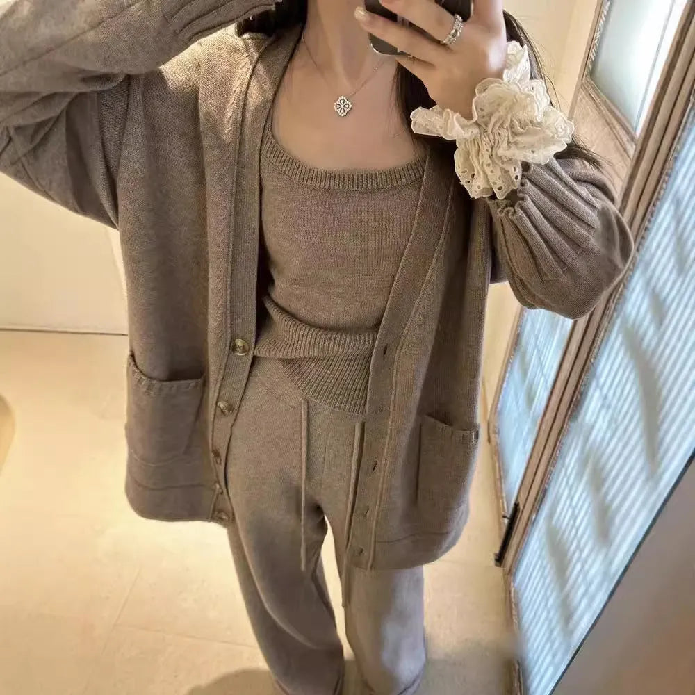 Women's knit cardigan vest suspender pants three-piece set in light brown colour