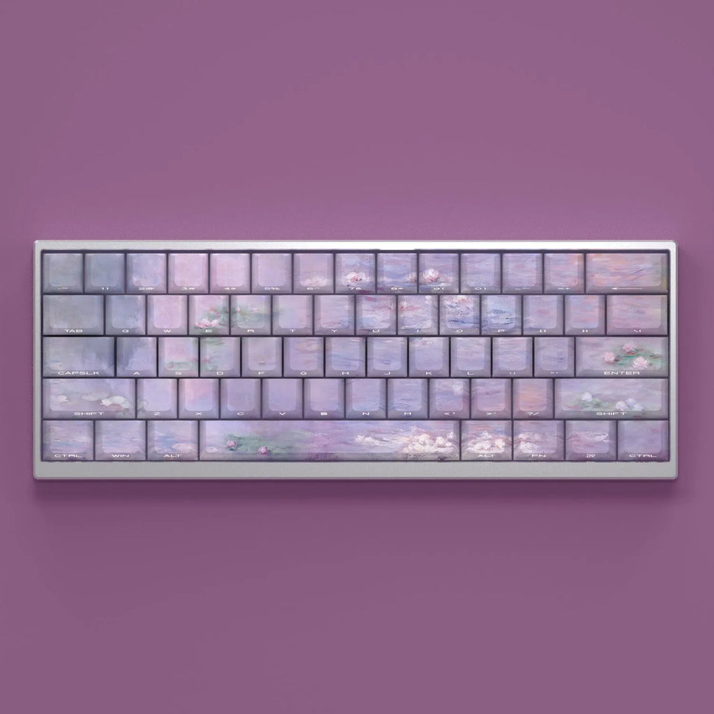 Wenshao Sleeping Lotus PBT keycap set with 130 keys, showing side-engraved legends and five-sided dye-sublimated artwork.