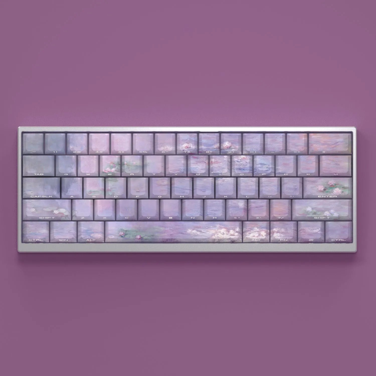 Wenshao Sleeping Lotus PBT keycap set with 130 keys, showing side-engraved legends and five-sided dye-sublimated artwork.