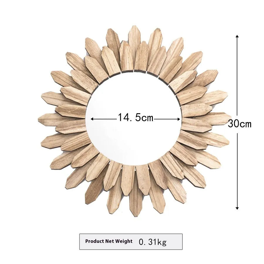 European rustic solid wood circular hanging mirror in baked colour on a wall.