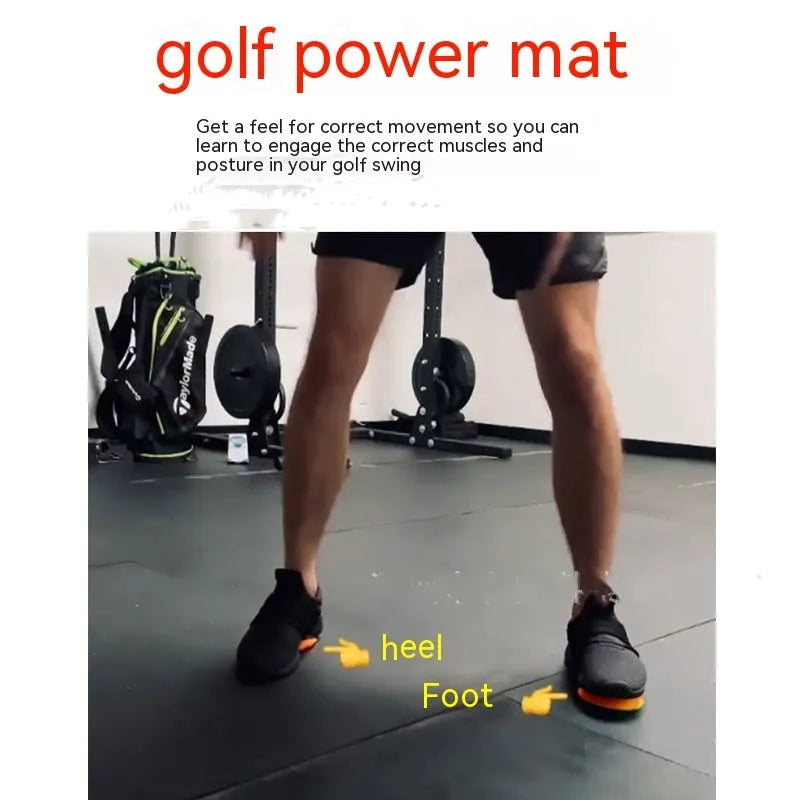 Orange natural rubber golf strength training mat with centre of gravity markings on a flat surface.
