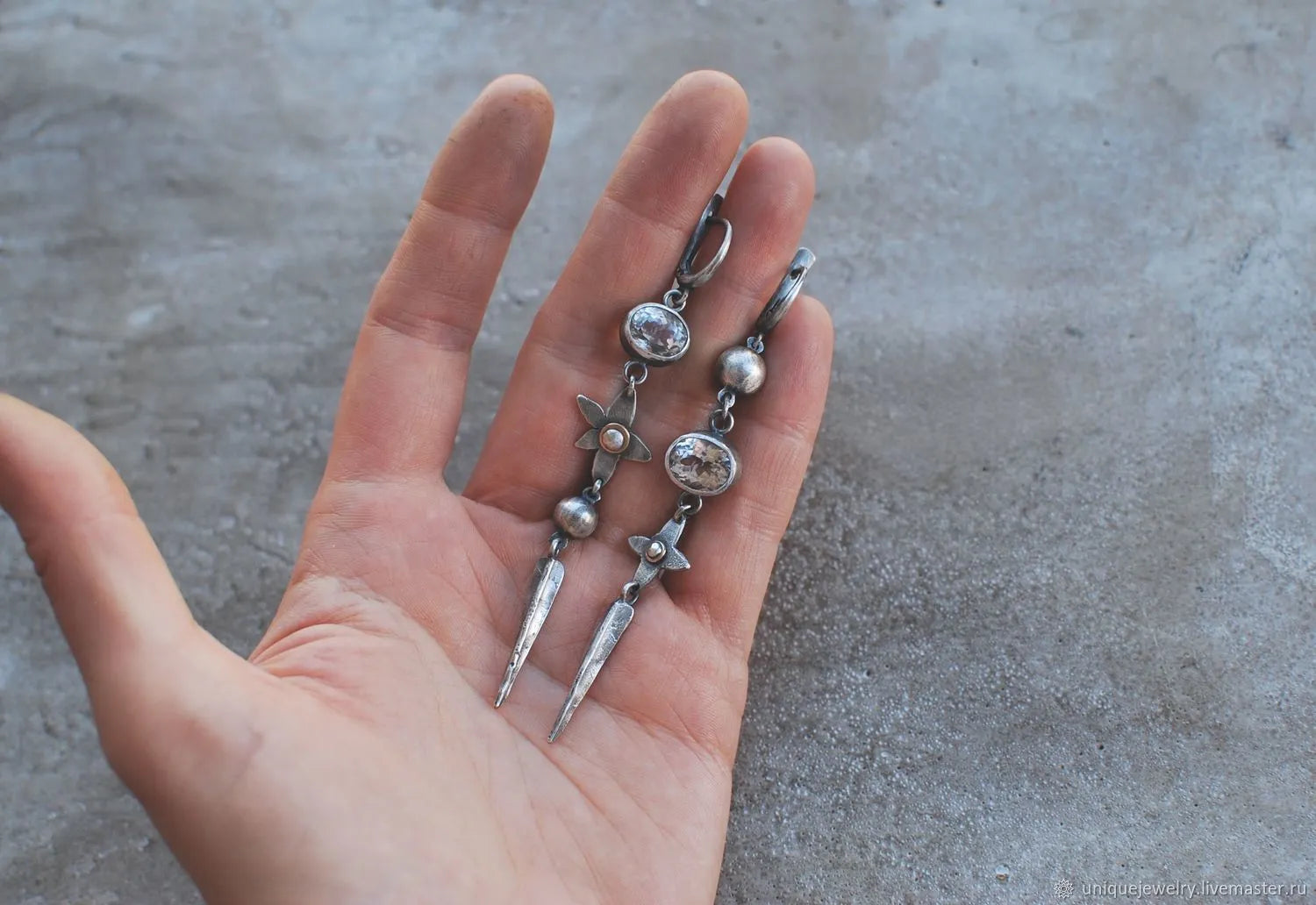 Geometric long pendant earrings with XINGX design and rhinestones in antique silver