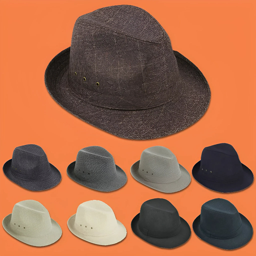 Thickened fedora hat for men in classic colours on a hat stand, showing the structured brim and crown.