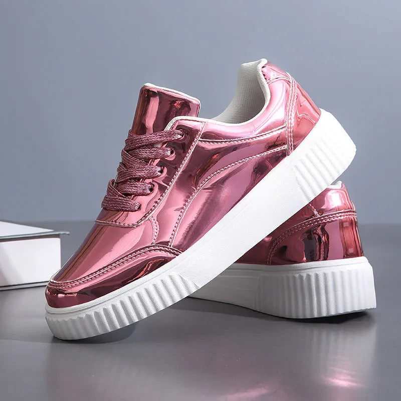 Rose gold and gold sequined platform sneakers with thick soles and round toe design