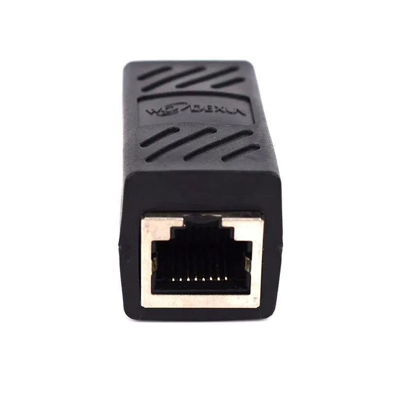 Black RJ45 network cable butt joint extender adapter for Ethernet cable connections.