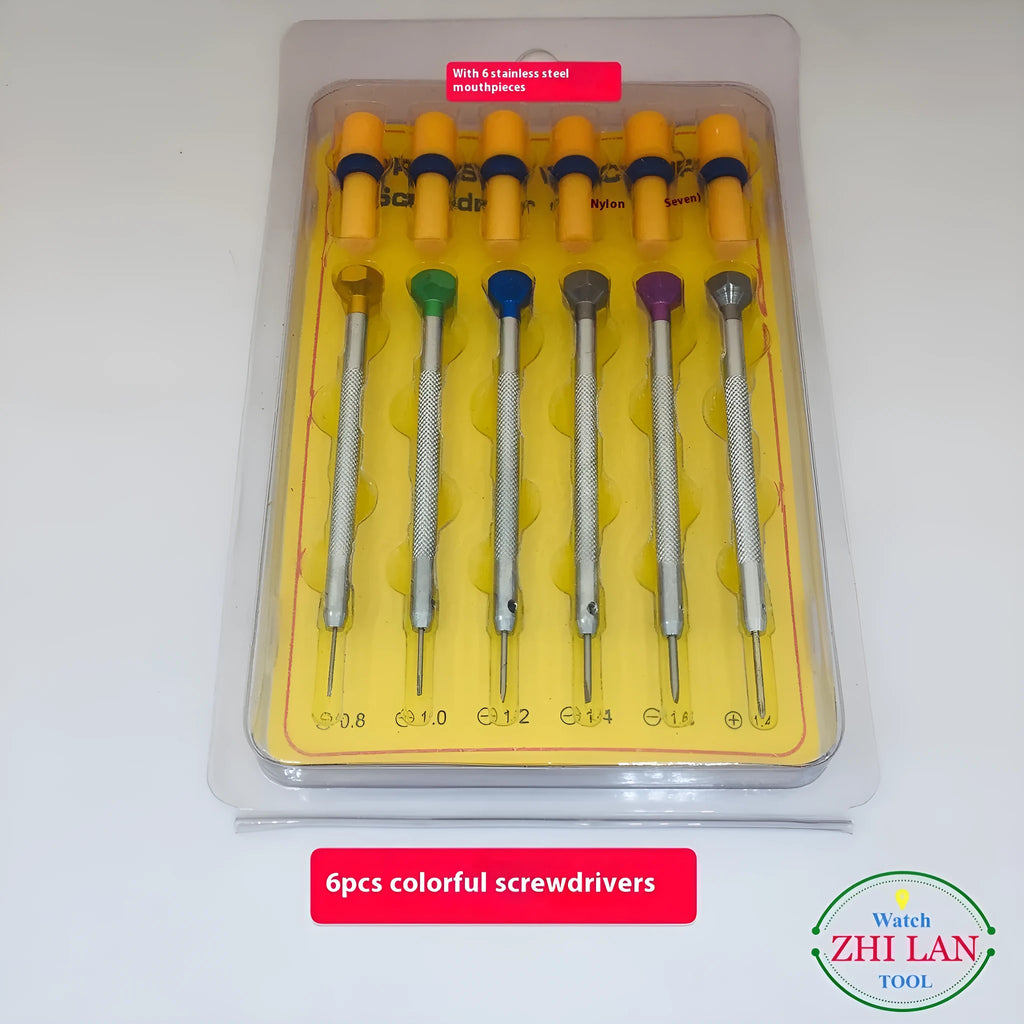 Six colour-coded aluminium handle screwdrivers for watch repair with spring steel cutter heads